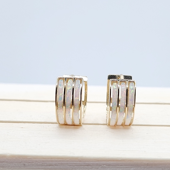 14k Yellow Gold Opal Hoop Earrings For Women Jewelry - Picture 1 of 4